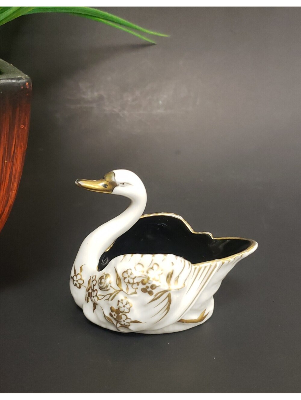 Vintage Noritake Porcelain Swan Planter with Gold Floral Detailing 3" VG